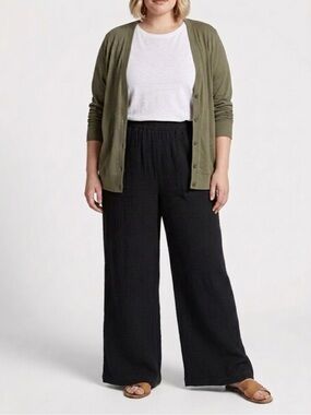 Zenana Black Cotton Gauze Wide Leg Pants | Large | Tall Girl Friendly